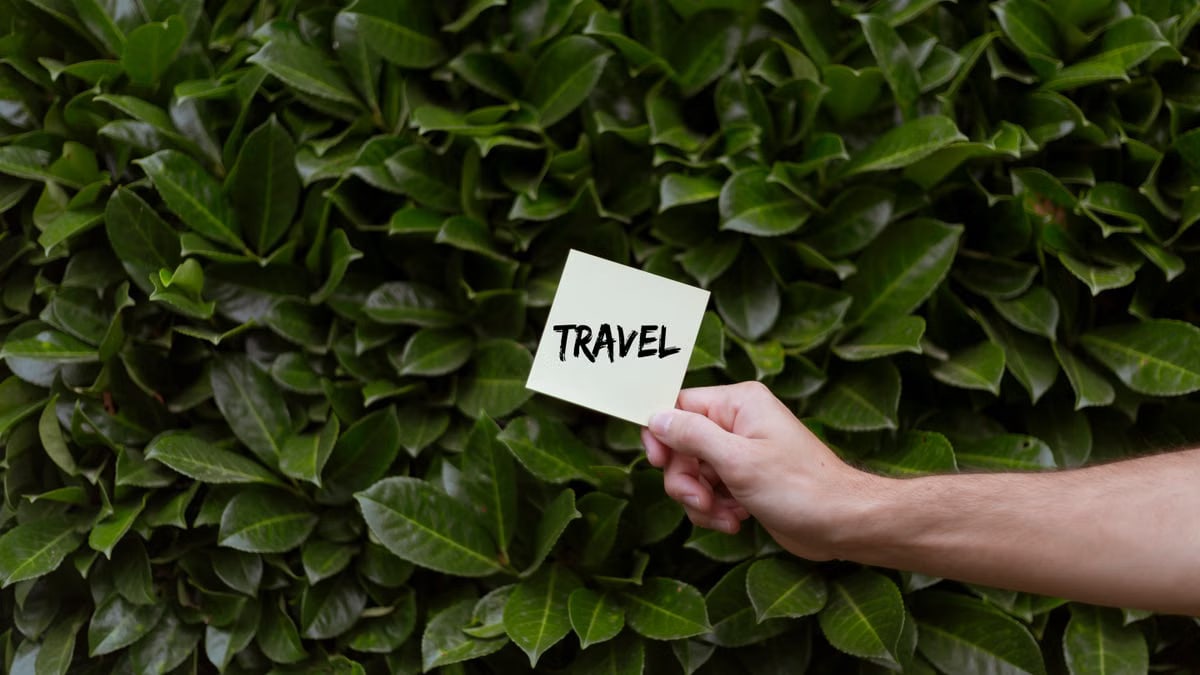 A hand holds a note with the word 'travel' against lush green leaves, symbolizing exploration.